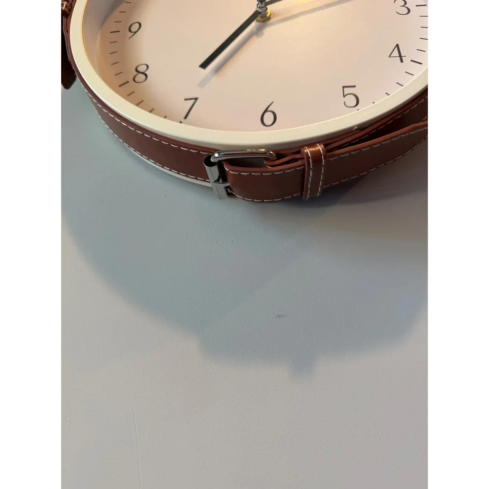 Modern Round Wall Clock with Brown Faux Leather Belt‎ Strap Hanging Detail 11